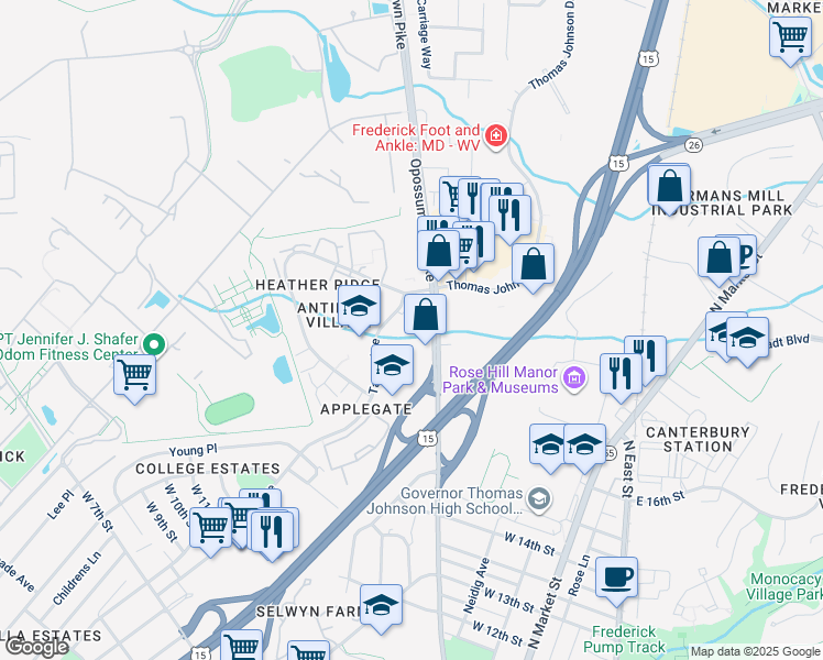 map of restaurants, bars, coffee shops, grocery stores, and more near 1565 Opossumtown Pike in Frederick