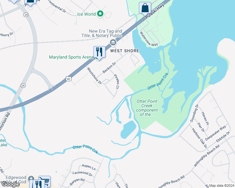 map of restaurants, bars, coffee shops, grocery stores, and more near 923 Pirates Court in Edgewood