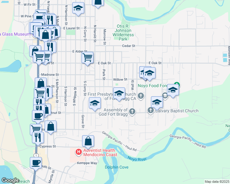 map of restaurants, bars, coffee shops, grocery stores, and more near 310 South Lincoln Street in Fort Bragg