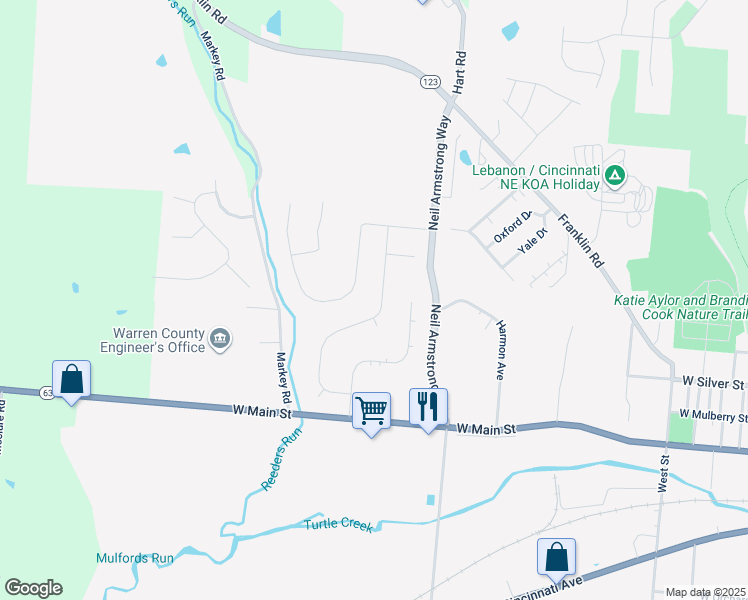 map of restaurants, bars, coffee shops, grocery stores, and more near 139 Clubhouse Lane in Lebanon