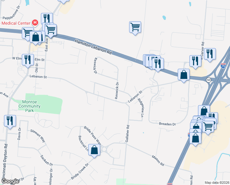 map of restaurants, bars, coffee shops, grocery stores, and more near 564 Lebanon Street in Monroe