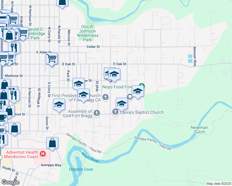 map of restaurants, bars, coffee shops, grocery stores, and more near 1197 East Chestnut Street in Fort Bragg