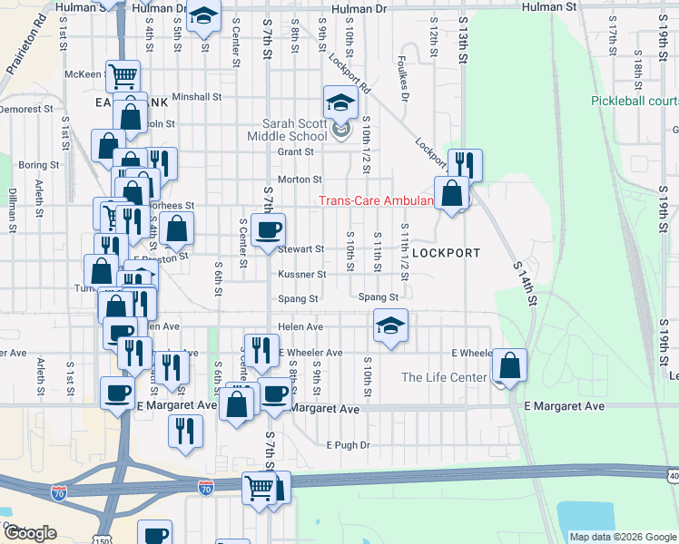 map of restaurants, bars, coffee shops, grocery stores, and more near 2607 South 10th Street in Terre Haute