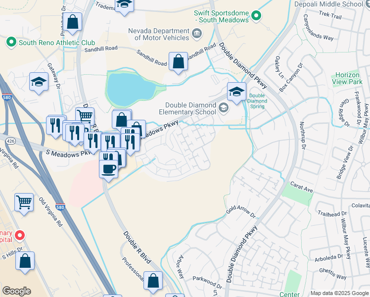 map of restaurants, bars, coffee shops, grocery stores, and more near 9677 Otter Way in Reno