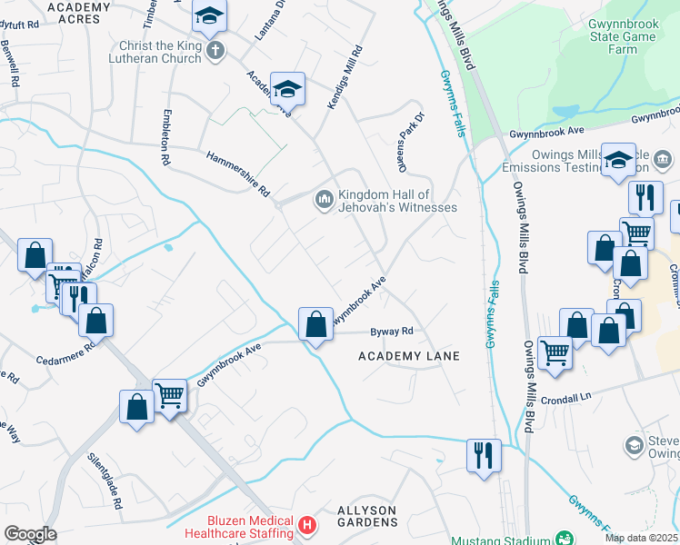 map of restaurants, bars, coffee shops, grocery stores, and more near 6 Bee Jay Court in Owings Mills