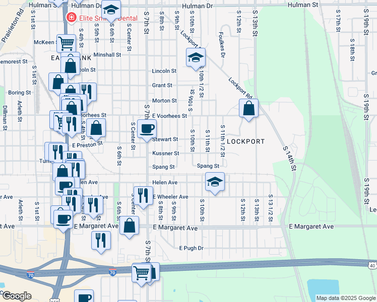 map of restaurants, bars, coffee shops, grocery stores, and more near 2607 South 10th Street in Terre Haute