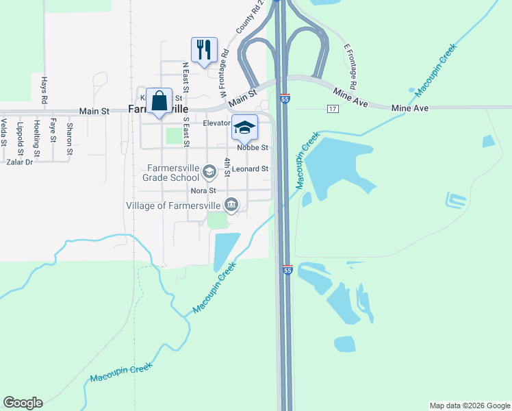 map of restaurants, bars, coffee shops, grocery stores, and more near 511 5th Street in Farmersville