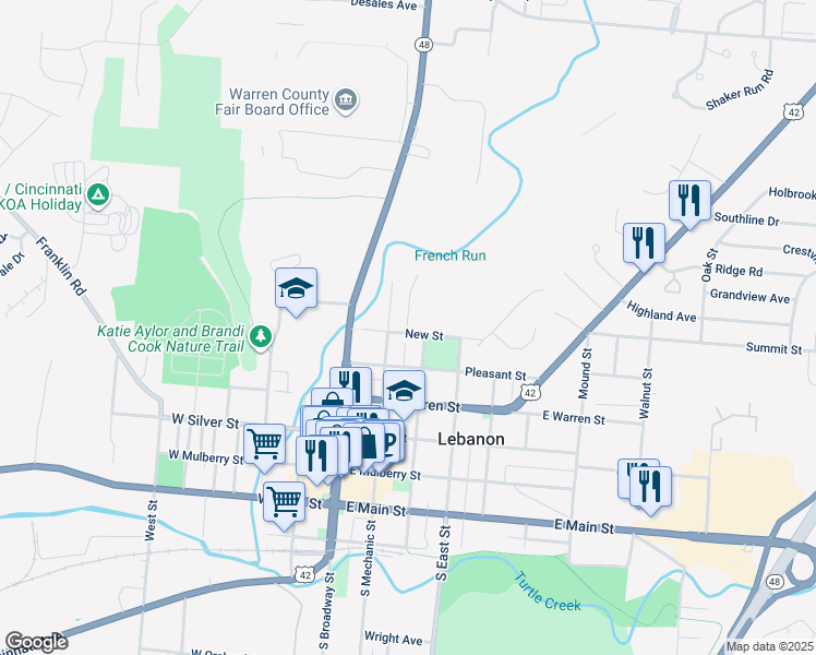 map of restaurants, bars, coffee shops, grocery stores, and more near 315 North Cherry Street in Lebanon