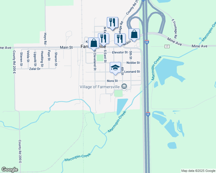 map of restaurants, bars, coffee shops, grocery stores, and more near 412 Nora Street in Farmersville