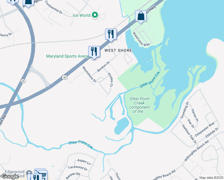 map of restaurants, bars, coffee shops, grocery stores, and more near 931 Pirates Court in Edgewood
