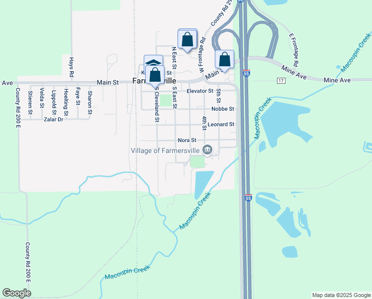 map of restaurants, bars, coffee shops, grocery stores, and more near 412 Nora Street in Farmersville