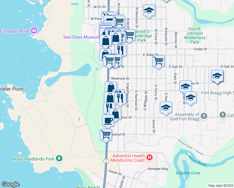 map of restaurants, bars, coffee shops, grocery stores, and more near 250 South Main Street in Fort Bragg