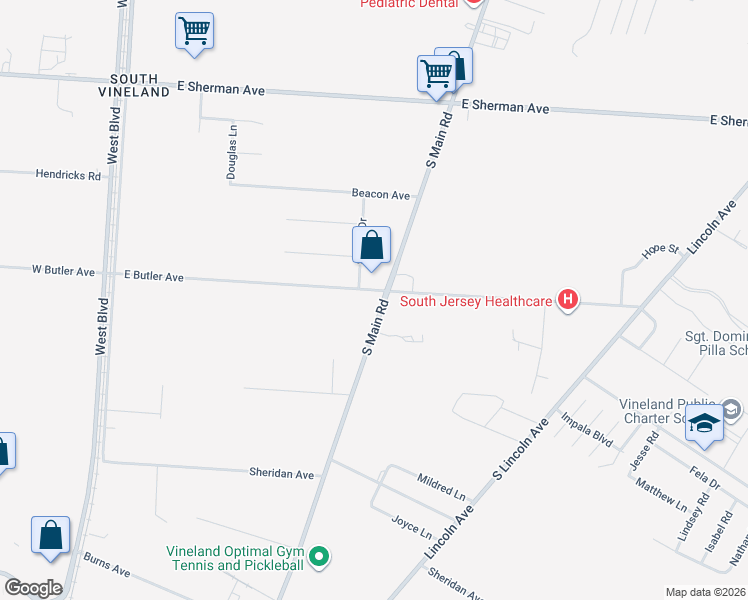 map of restaurants, bars, coffee shops, grocery stores, and more near 3192 South Main Road in Vineland