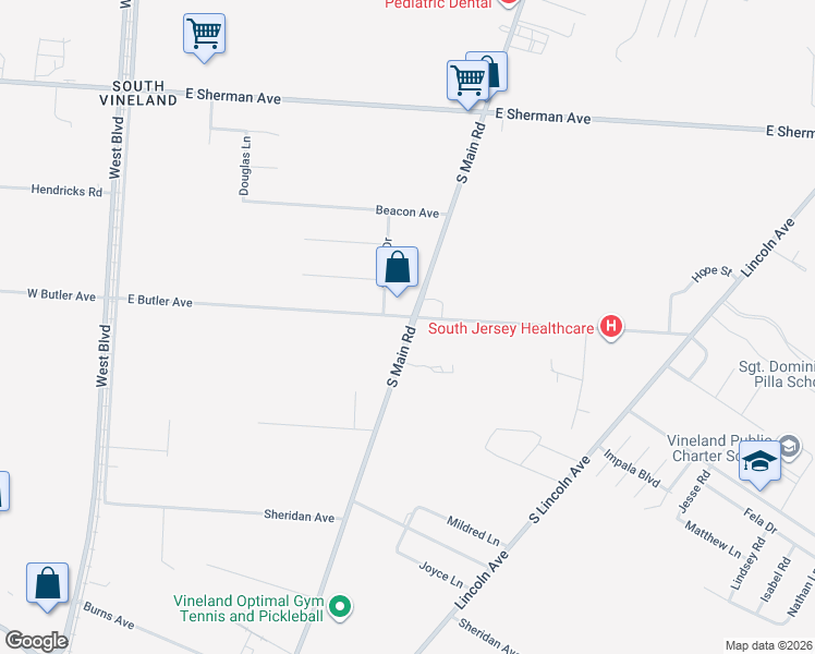 map of restaurants, bars, coffee shops, grocery stores, and more near 3192 South Main Road in Vineland