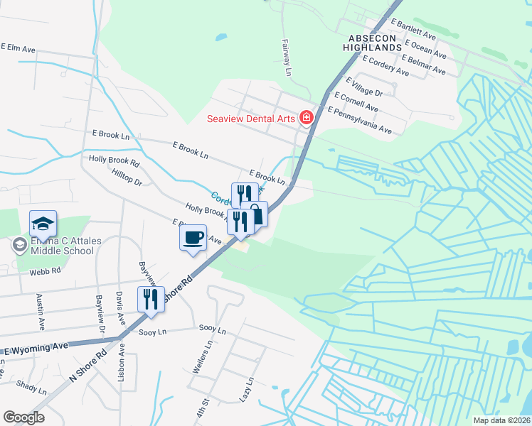 map of restaurants, bars, coffee shops, grocery stores, and more near 615 South New York Road in Galloway
