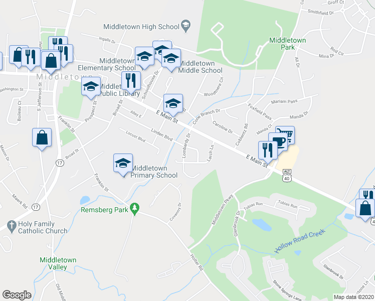 map of restaurants, bars, coffee shops, grocery stores, and more near 100 Lombardy Drive in Middletown