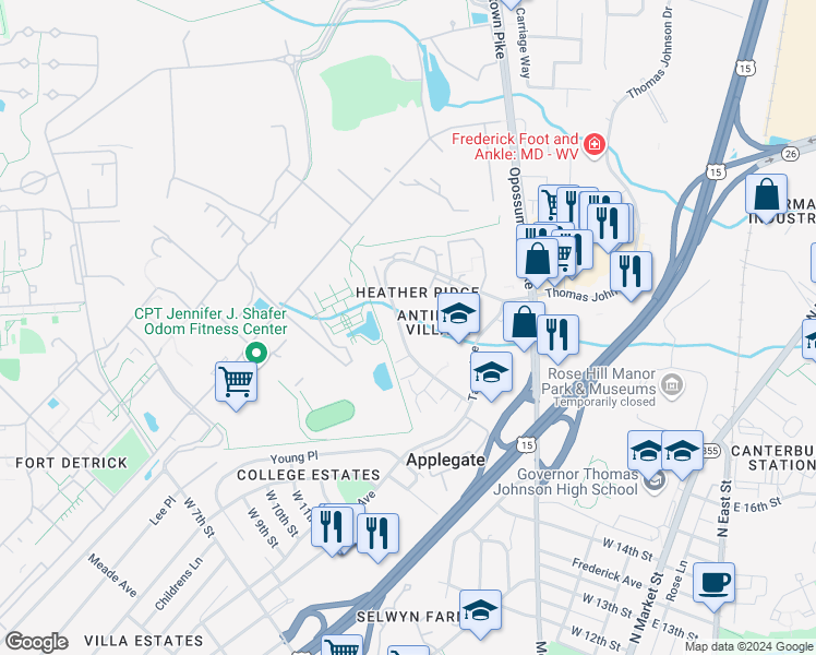 map of restaurants, bars, coffee shops, grocery stores, and more near 447 Heather Ridge Drive in Frederick