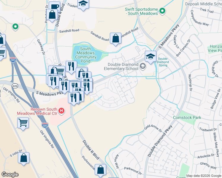 map of restaurants, bars, coffee shops, grocery stores, and more near 900 South Meadows Parkway in Reno
