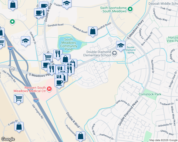 map of restaurants, bars, coffee shops, grocery stores, and more near 900 South Meadows Parkway in Reno