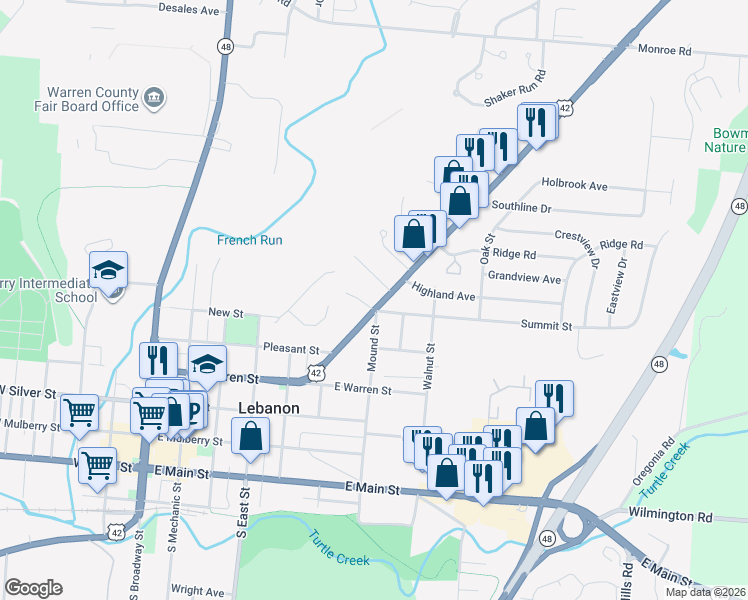map of restaurants, bars, coffee shops, grocery stores, and more near 463 Columbus Avenue in Lebanon