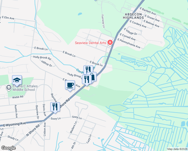 map of restaurants, bars, coffee shops, grocery stores, and more near 615 South New York Road in Galloway
