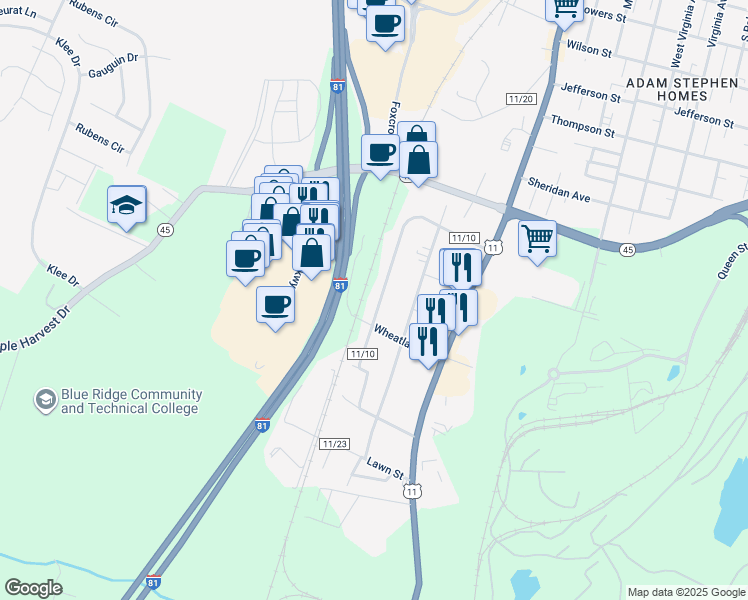 map of restaurants, bars, coffee shops, grocery stores, and more near 408 Bernice Avenue in Martinsburg