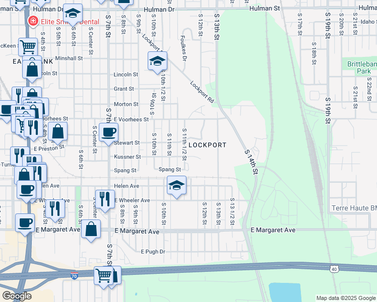 map of restaurants, bars, coffee shops, grocery stores, and more near 2501-2599 South 11th 1/2 Street in Terre Haute