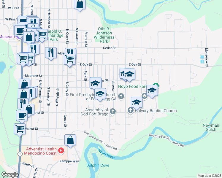 map of restaurants, bars, coffee shops, grocery stores, and more near 247 Wall Street in Fort Bragg