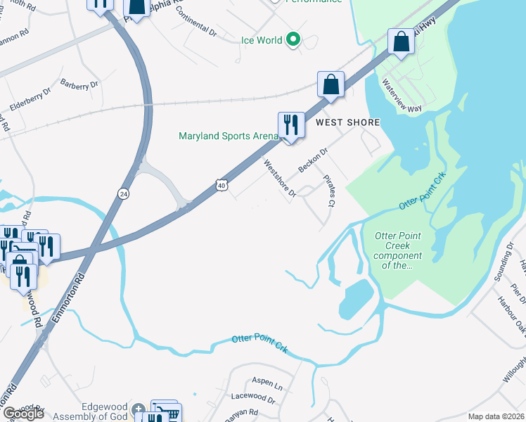 map of restaurants, bars, coffee shops, grocery stores, and more near 2703 Pulaski Highway in Edgewood