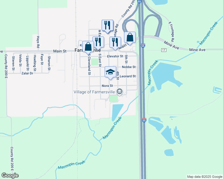 map of restaurants, bars, coffee shops, grocery stores, and more near 412 Nora Street in Farmersville