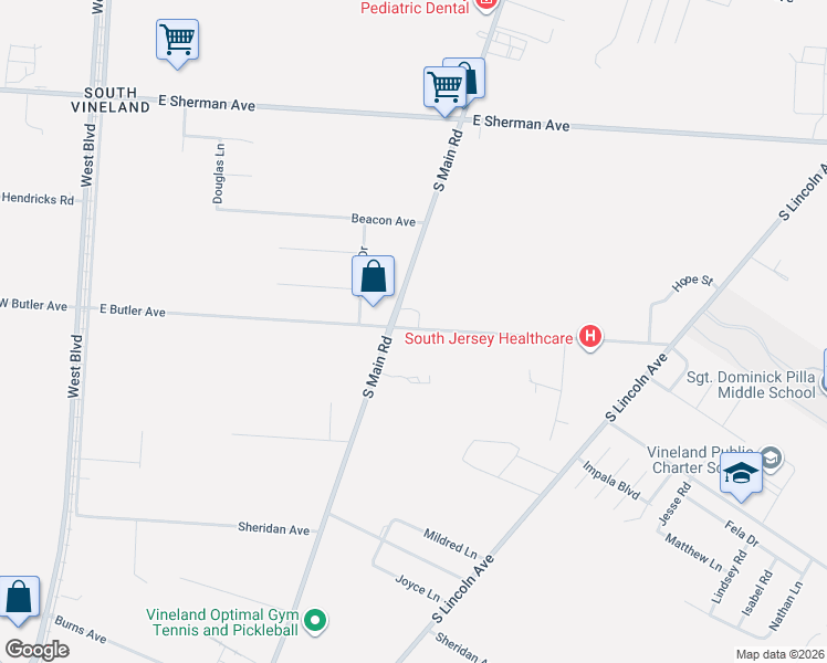 map of restaurants, bars, coffee shops, grocery stores, and more near 714 East Butler Avenue in Vineland