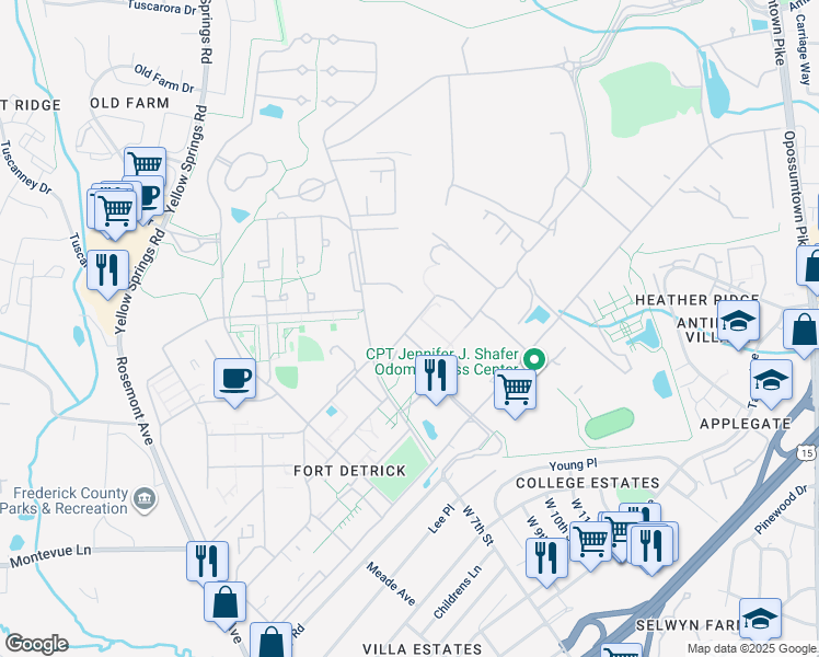 map of restaurants, bars, coffee shops, grocery stores, and more near 1424 Randall Street in Frederick