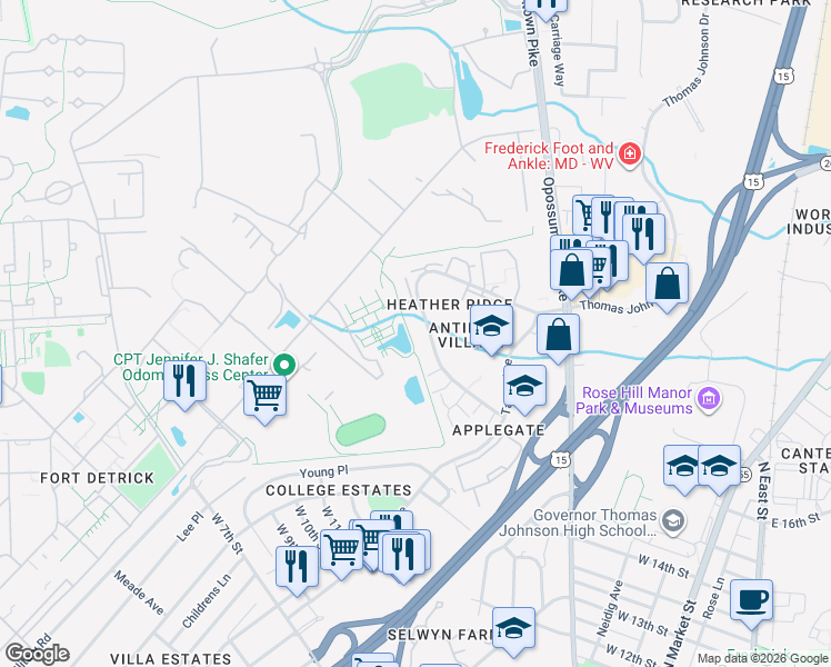 map of restaurants, bars, coffee shops, grocery stores, and more near 550 Heather Ridge Drive in Frederick