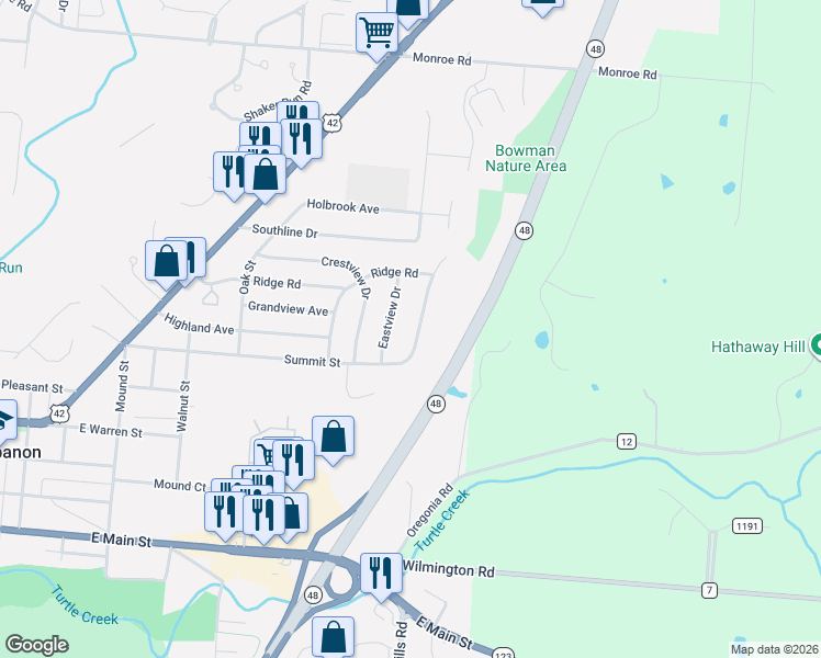 map of restaurants, bars, coffee shops, grocery stores, and more near 460 Eastview Drive in Lebanon