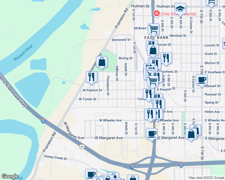 map of restaurants, bars, coffee shops, grocery stores, and more near 248 West Preston Street in Terre Haute