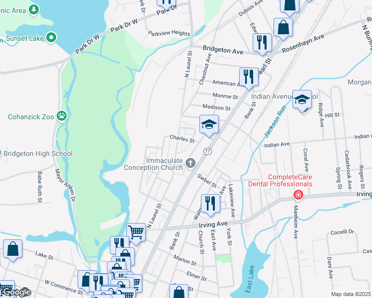 map of restaurants, bars, coffee shops, grocery stores, and more near Markley Drive in Bridgeton