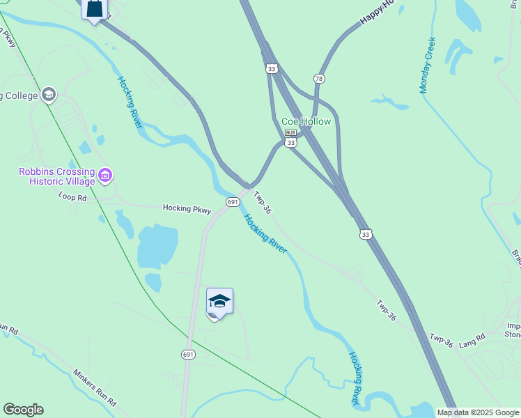 map of restaurants, bars, coffee shops, grocery stores, and more near 16055 Twp-36 in Nelsonville