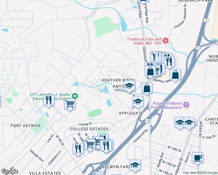 map of restaurants, bars, coffee shops, grocery stores, and more near 550 Heather Ridge Drive in Frederick