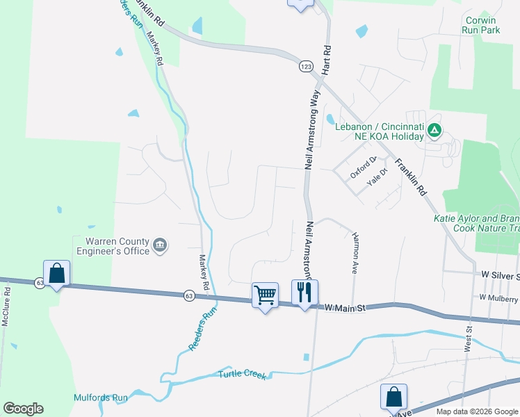 map of restaurants, bars, coffee shops, grocery stores, and more near 159 Clubhouse Lane in Lebanon