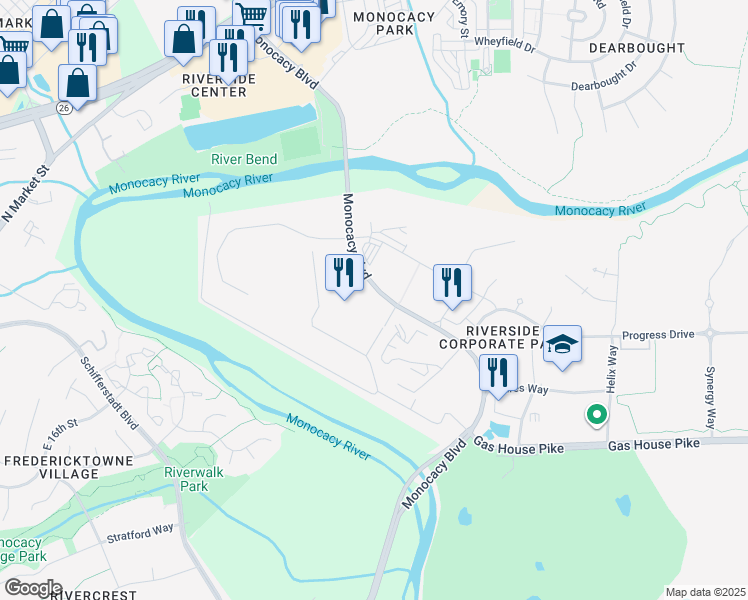 map of restaurants, bars, coffee shops, grocery stores, and more near 1721 Monocacy Boulevard in Frederick