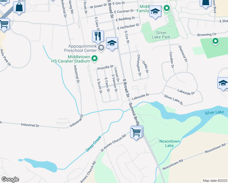 map of restaurants, bars, coffee shops, grocery stores, and more near 903 South Vernon Street in Middletown