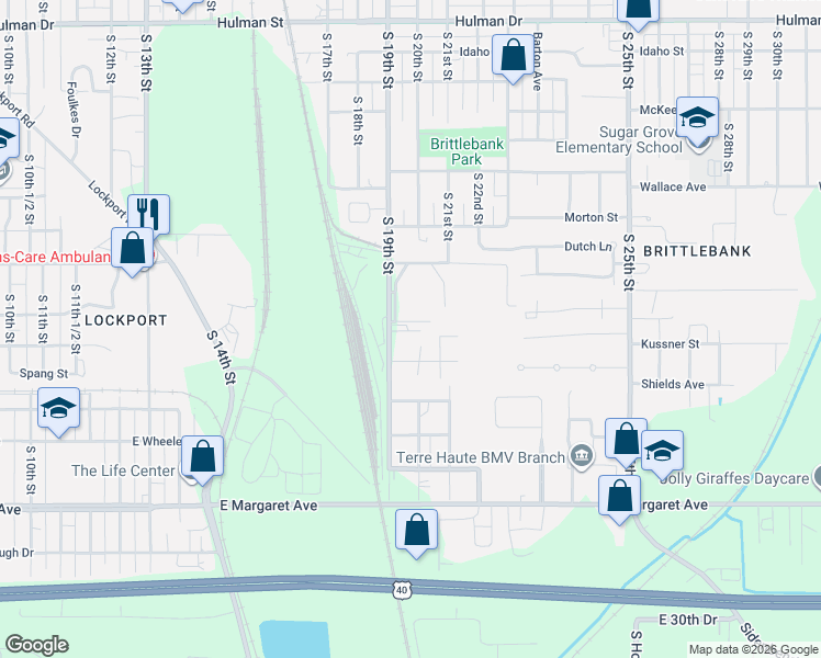 map of restaurants, bars, coffee shops, grocery stores, and more near 2600 South 19th Street in Terre Haute