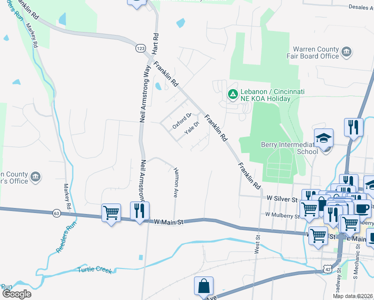 map of restaurants, bars, coffee shops, grocery stores, and more near 792 Harvard Drive in Lebanon