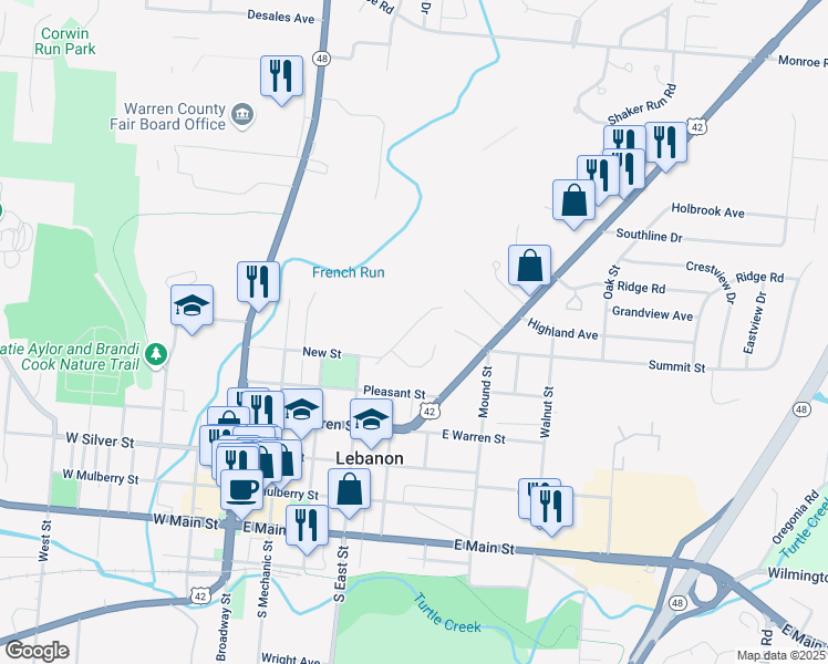 map of restaurants, bars, coffee shops, grocery stores, and more near 20 North Lane in Lebanon