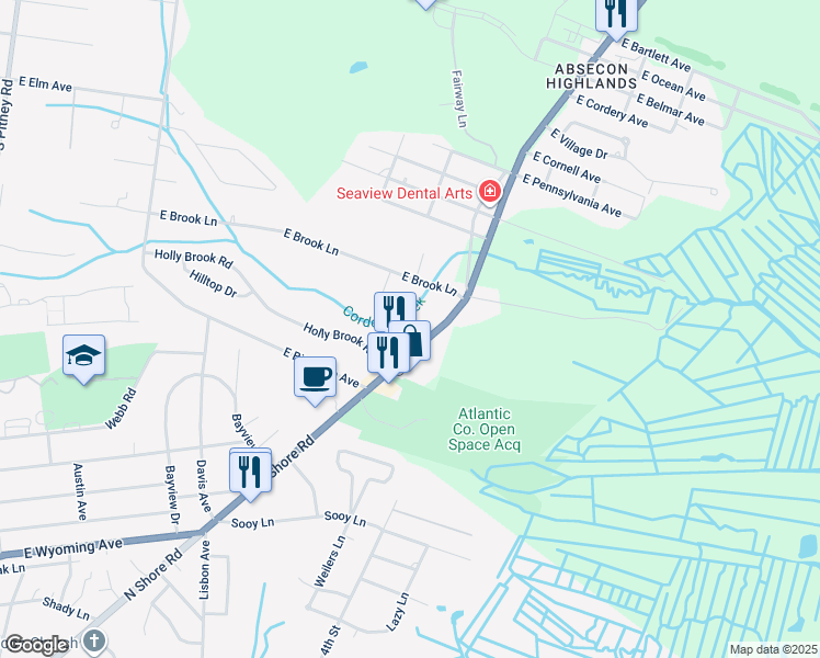 map of restaurants, bars, coffee shops, grocery stores, and more near 611 South New York Road in Galloway