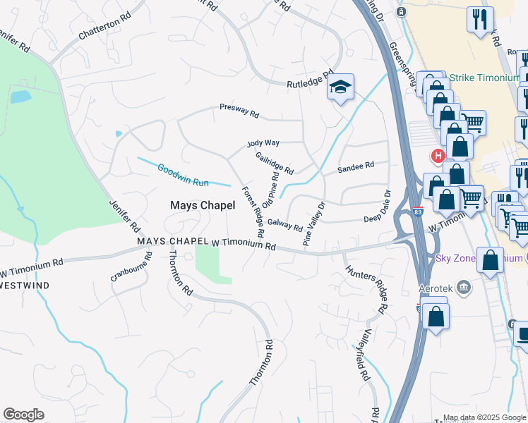 map of restaurants, bars, coffee shops, grocery stores, and more near 2107 Forest Ridge Road in Timonium