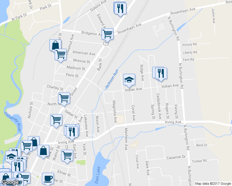 map of restaurants, bars, coffee shops, grocery stores, and more near 105 Magnolia Avenue in Bridgeton
