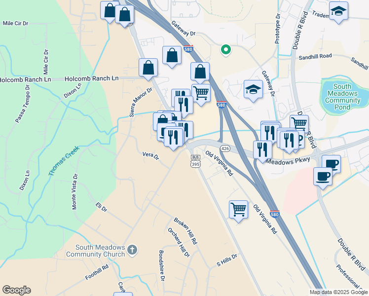 map of restaurants, bars, coffee shops, grocery stores, and more near 15 Foothill Road in Reno