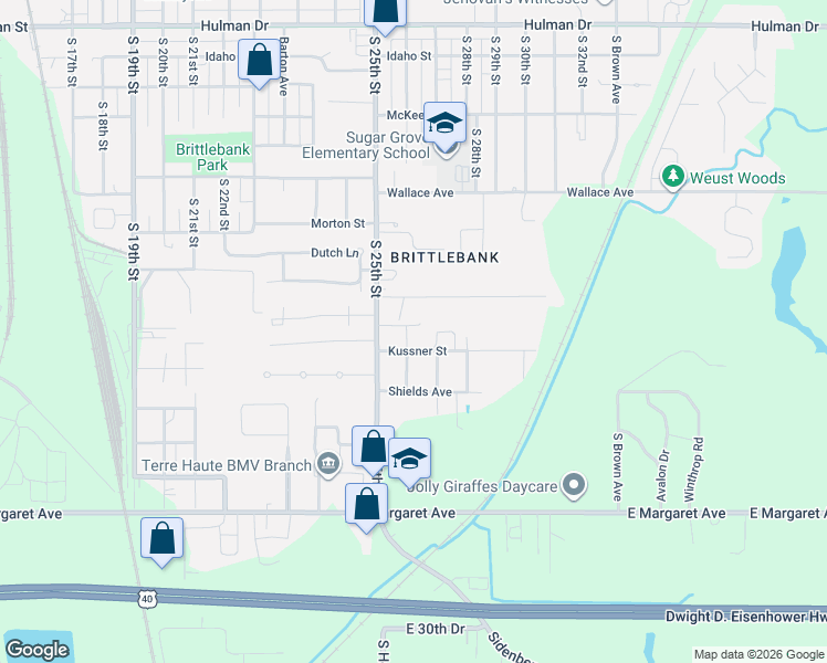map of restaurants, bars, coffee shops, grocery stores, and more near 2601 26th Street in Terre Haute