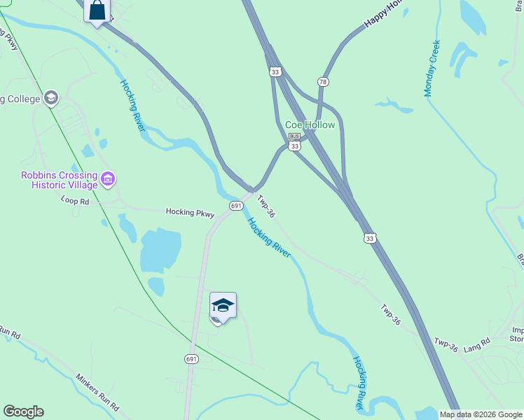 map of restaurants, bars, coffee shops, grocery stores, and more near 16055 Twp-36 in Nelsonville